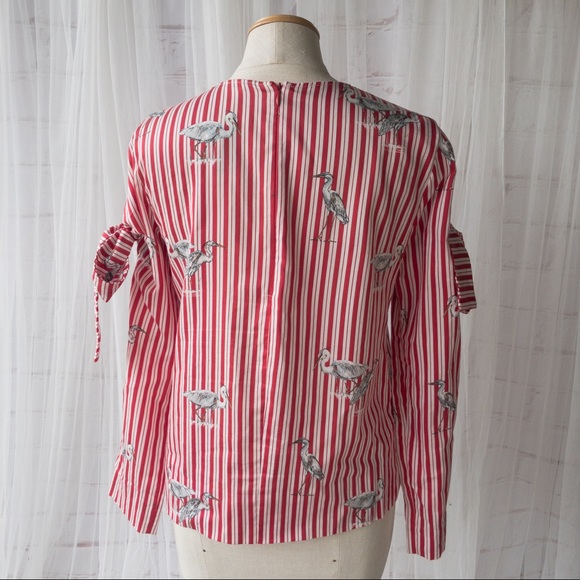 Zara Womens Red Vertical Striped Heron Bird Print Bow with Long Sleeve Blouse XS - Picture 3 of 12